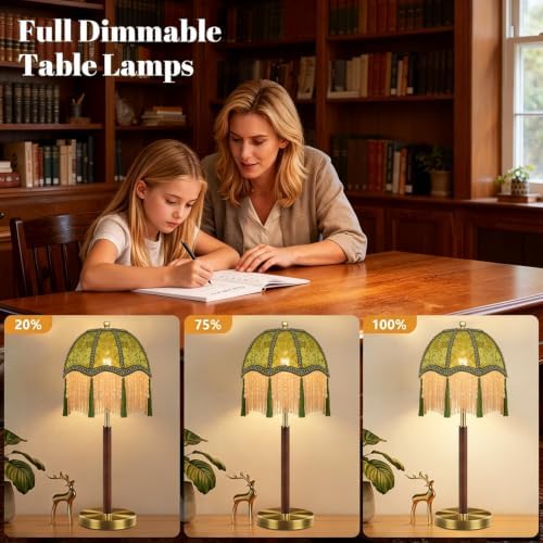 Vintage Table Lamp Dimmable Bedside Lamps With Victorian Fringe,Gold Small Wood Retro Desk Tall Table Light Green Mid Century Modern Nightstand Table Lamp for Bedroom Living Room