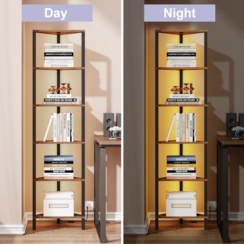 TUTOTAK Corner Shelf with LED Light, 6-Tier Corner Bookshelf