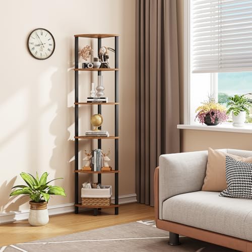 VIMBER Corner Shelf, 6-Tier Corner Bookshelf, Industrial Corner Ladder Shelf, DIY Storage Shelves, Rustic Display Shelf for Living Room, Bedroom, Kitchen, Home Office, Rustic Brown and Black UJSJ004F