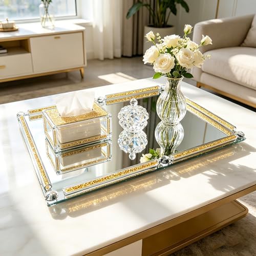 Large Mirror Perfume Tray for Dresser,Gold Crushed Diamond Filled