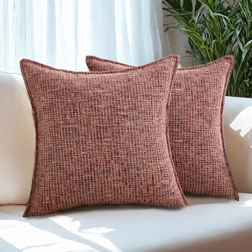 HAUSSY Pack of 2 Chenille Tweed Throw Pillow Covers 20x20 Inch, Burgundy