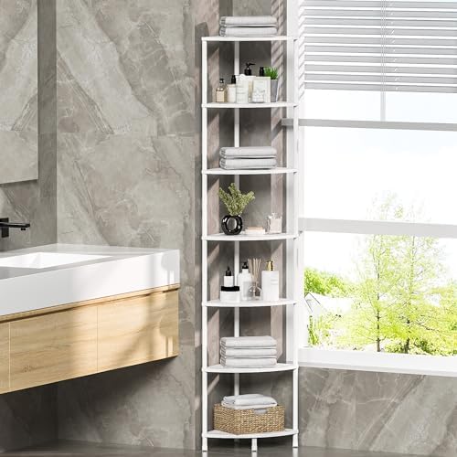 7 Tier Corner Shelf Stand, 64.7", Marble White