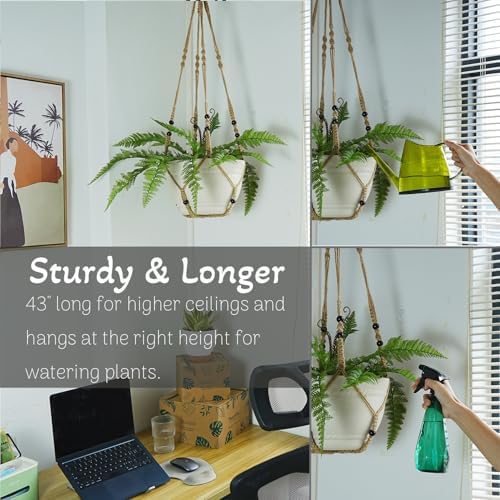 Bouqlife 43 Inches Macrame Plant Hanger Large for 14 inch Pot Extra Long No Tassel Rope Hanging Plant Holder with Ceiling Hook Bohemian Home Décor Brown 2Pack