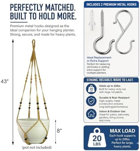Bouqlife 43 Inches Macrame Plant Hanger Large for 14 inch Pot Extra Long No Tassel Rope Hanging Plant Holder with Ceiling Hook Bohemian Home Décor Brown 2Pack