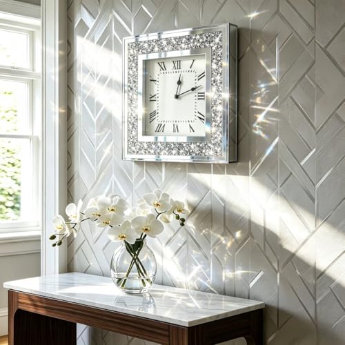 Crystal Crush Diamond Mirrored Square Wall Clock with Sparkle Twinkle Bling Diamond Decor for Wall Decoration, 16x16 inch Decorative Silver Mirror Quartz Clock for Home Decor. AA Battery not included