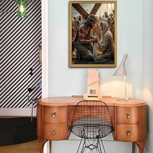 Wood Framed Jesus Carrying Cross Wall Art, Christian Religious Canvas Painting, Jesus and Woman Poster Print, Faith Spiritual Artwork for Church Living Room Prayer Room Bedroom Wall Decor 16x24 Inch