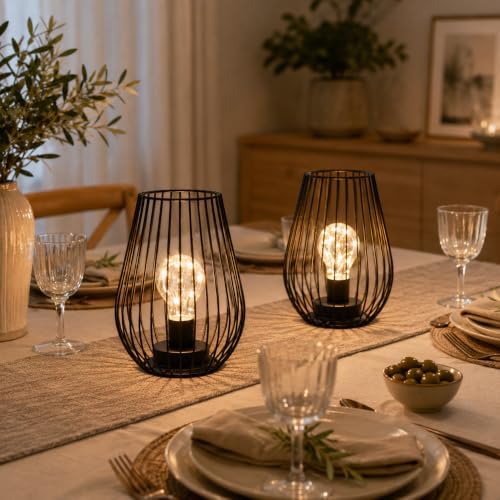 TRIROCKS Metal Cordless Table Lamp - 8'' Tall Set of 2 Cage Shape Battery Operated Lamp with Fairy Lights Bulb for Indoor/Outdoor Use Perfect for Christmas Garden and Weddings (Black,Set of 2)