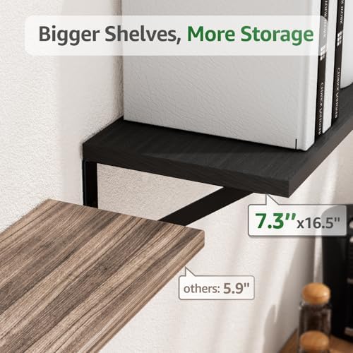 COCOYA Wall Shelves 7.3" Deep Solid Paulownia Wood (Black, Set of 3)