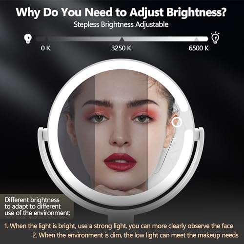 MIYADIVA Makeup Mirror with Lights,20X Magnifying Mirror with Light and Touch Switch,Vanity Mirror with 3 Color Light and 80 LEDs,2-Sided Lighted Magnified Mirror 8.8 Inches