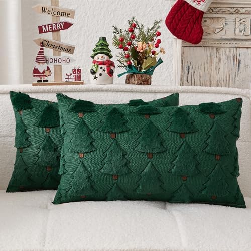 Kevin Textile Christmas Tree Pillow Covers 12x20 Inch Set of 2 Luxury Embroidery Soft Plush Faux Fur Lumbar Cushion Covers for Couch Sofa Holiday Festivals Winter Xmas Gift, Dark Green