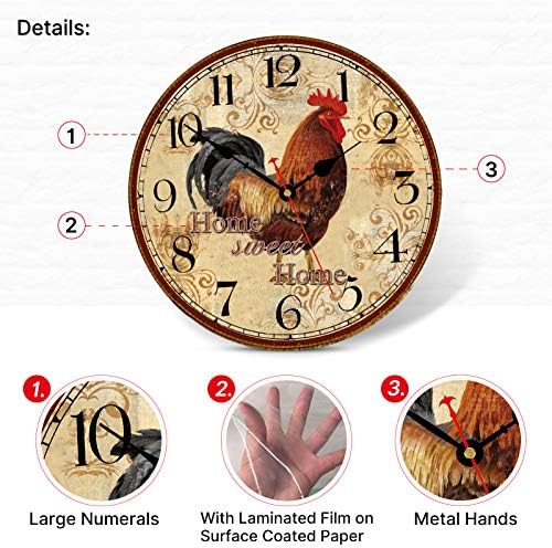 TAHEAT 14 Inch Rustic Rooster Wall Clock Retro Silent Non Ticking Easy to Read Clock, Battery Operated Decorative Wall Clocks for Kitchen/Living Room/Bedroom/Farmhouse Decoration