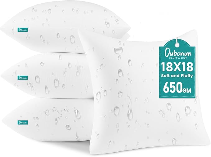 Oubonun 18x18 Waterproof Outdoor Pillow Inserts – Pack of 4 Firm & Fluffy, Water Resistant Throw Pillows for Patio, Garden, Porch, or Indoor Decorative