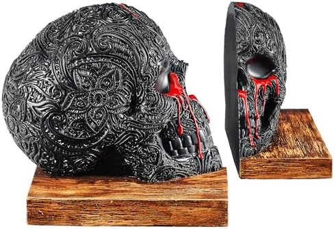 Skull Book Ends Gothic, Lifesize Human, Heavy-Duty Bookends, Skeleton Decorations, Bookends for Shelves, Heavy Books, Black Skull Design Bookend 7x5.1x6.3, Spooky Decor, Holiday - Bloody Black & Red