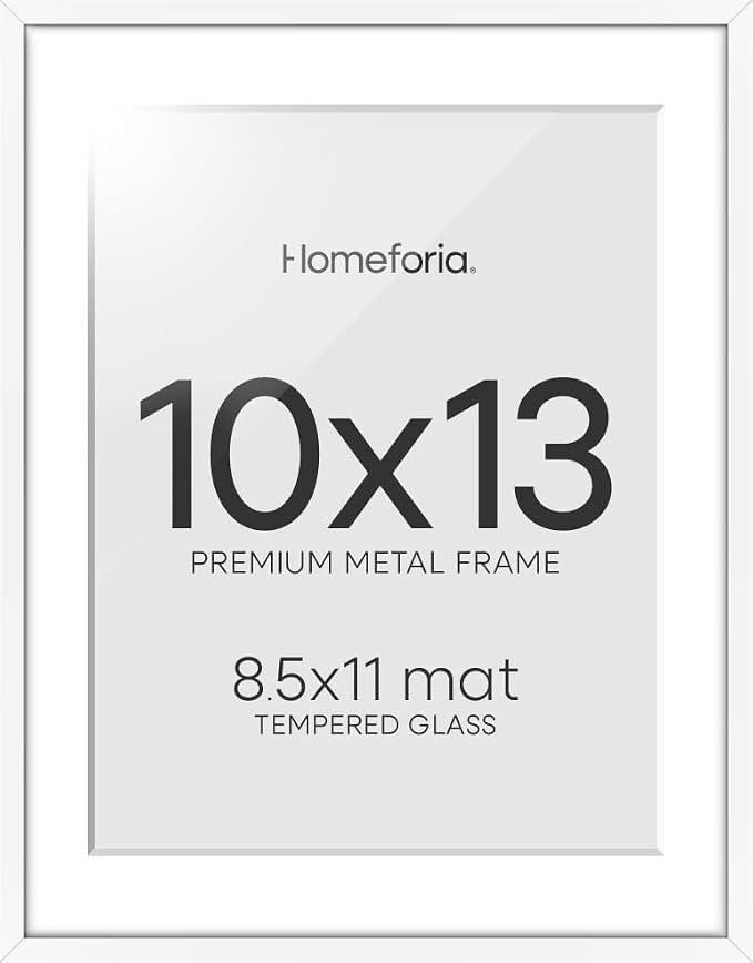 Homeforia 10x13 White Picture Frame, High-End Metal, 8.5x11 Mat, Glass