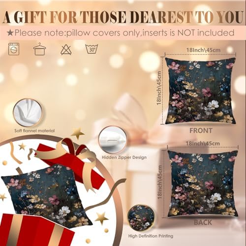 Vintage Moody Floral Pillow Covers 18x18 Double-Sided Set of 2, Floral Room Decor, Dark Boho Abstract Flower Decorative Throw Pillow Covers for Home Bedroom Living Room