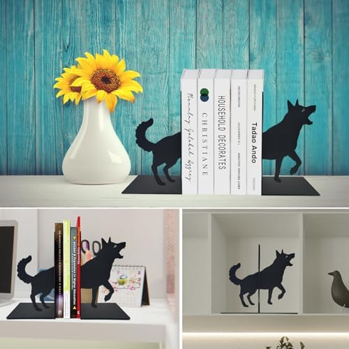 ENCIMART Dog Book Ends Decorative for Shelves, Black Metal Bookend Supports for Heavy Books, Book Stoppers for Home Office Desktop Organizer for Men and Book Lovers Gift