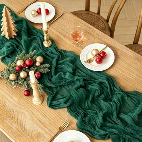 6Pcs Christmas Table Runner, 10FT Cheesecloth Emerald Green Table Runners 35*120inch Rustic Vintage Table Runner for Christmas Indoor Home Kitchen Table Party Decorations