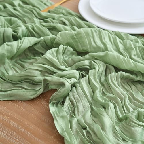 Asee'm 4pcs Cheesecloth Table Runner 120 Inches Sage Green Boho Gauze Cheese Cloth Runner 10FT Rustic Sheer Table Runners for Summer Wedding Baby Shower Holiday Party Decoration