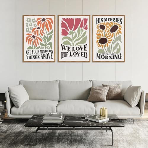Framed Christian Bible Scripture Wall Art Set of 3 12x16 Inch | Flower Marke Pictures Decor Inspirational Paintings Religious Verses Canvas Prints, Artwork for Christian Women & Teen Girls