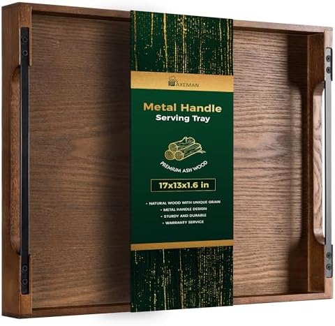 Axeman Wooden Serving Tray with Metal Handles|Ottoman Tray for Breakfast, Bed, Couch|17x13in Ash Wood Coffee Table Trays|Food Drinks Decorative Storage Boards for Ottoman Kitchen, Walnut