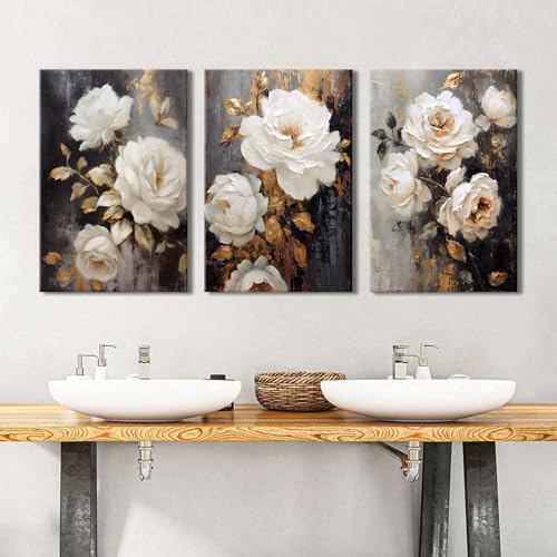 Abstract Wall Art Peony Flowers Wall Decor Farmhouse White Floral Canvas Prints Picture Vintage Botanical Painting Rustic Wildflower Poster Artwork for Bedroom Living Room Home Decoration 16x24” 3Pcs