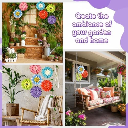 Zhehao 6 Pcs Metal Flower Wall Art Decor 12 Inch Sunflower Wall Decorations Hanging Outdoor Art Multicolored Handmade Metal Flowers Outdoor Decor(Vivid Color)