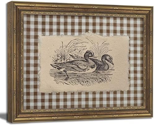 Vintage Gold Framed Wall Art Vintage Duck Wall Art Rustic Farmhouse Brown Gingham Duck Wall Decor Picture Country Cottage Illustration Poster Print Artwork for Living Room Bedroom 9x11in