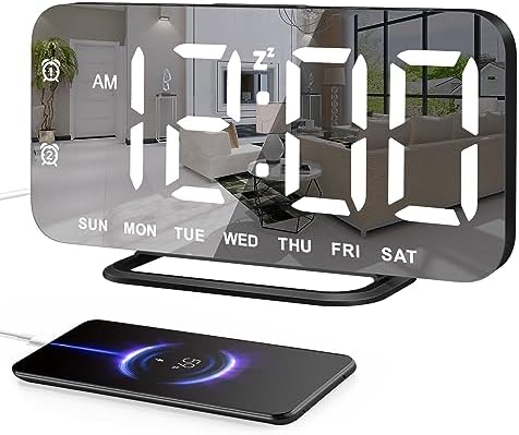 JALL Slim LED Digital Alarm Clock, Mirror Surface for Makeup, with Diming, Large Display, Easy Setting, USB Ports, Modern Decor for Bedroom, Desk, Gift for Women, Sister, College Girl, Black