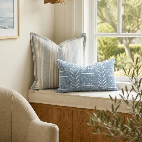 BlissBlush Coastal Blue Decorative Lumbar Pillow Covers 12x20 Set of 2, Soft Woven Chenille Accent Pillow Covers for Couch Sofa Bed, Textured Farmhouse Cushion Covers for Living Room
