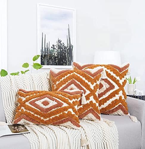 Merrycolor Boho Lumbar Throw Pillow Cover 12x20 inch,Bohemian Tufted Decorative Pillow Covers with Tassels for Couch Sofa Bedroom Living Room