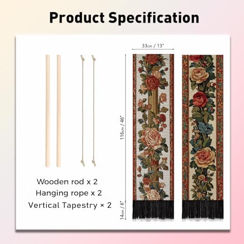 PLIGREAT 2 Pack Vintage Floral Tapestry with Tassels, 52" x 13" Rose Border Vine Aesthetic Wall Hanging Vertical Home Art Tapestry for Bedroom Living Room Bathroom Long Narrow Wall Hanging Art Decor