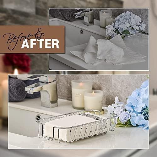 Guest Towel Holder Tray for Bathroom Countertop, Silver Metal