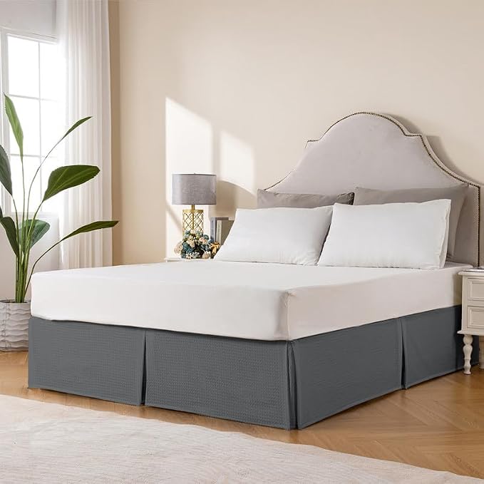 MIYE Pleated Waffle Weave Bed Skirt, Tailored Dust Ruffle 12 Inch Drop Easy Fit, Machine Washable (Dark Grey, King - 12" Drop)