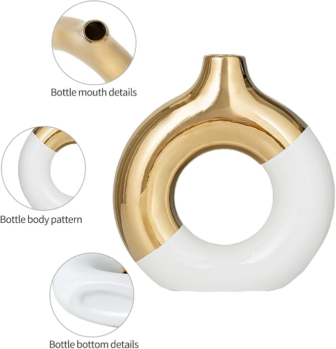 White and Gold Donut Vase, Modern Ceramic Vase for Pampas Grass, Perfect Centerpiece for Weddings, Living Room, and Office Decor (White Gold, S)