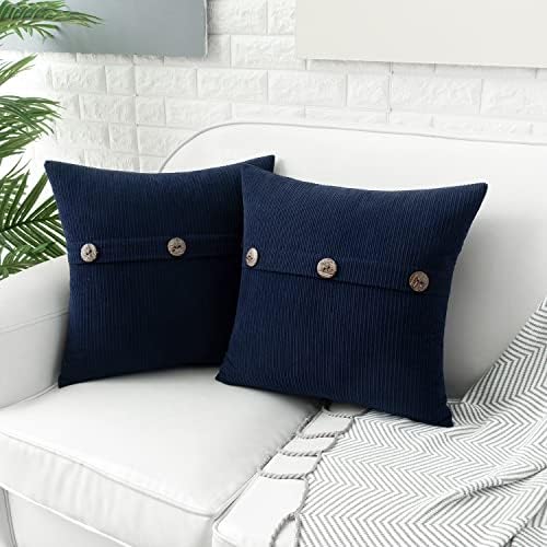 Navy Blue Chenille Throw Pillow Covers 20x20 Inch Set of 2 Buttons