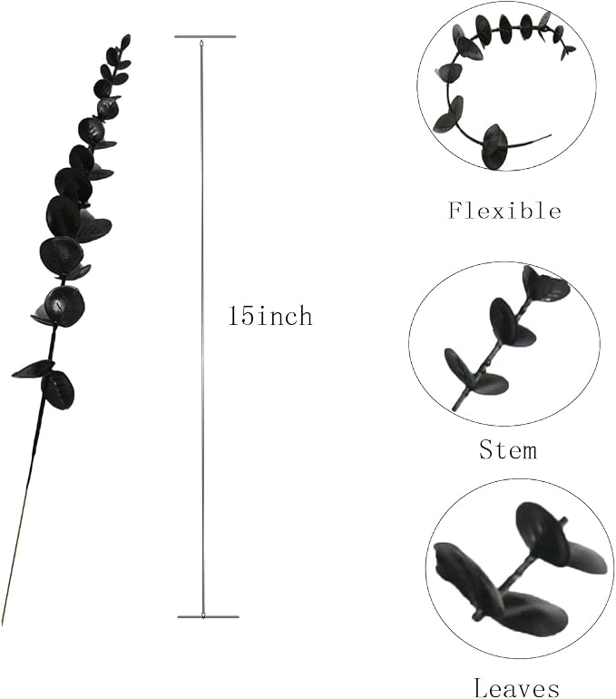 Tinsow Black Artificial Eucalyptus Stem Bulk Halloween Faux Eucalyptuses Wedding Bouquet Centerpiece Home Decor (65, Black)
