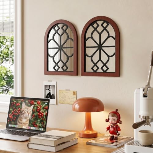Set of 2 Arched Window Wall Mirror, Rustic Farmhouse Accent Mirror with Wood Frame Decorative Wall Art Mirror for Living Room Bathroom Bedroom Kitchen