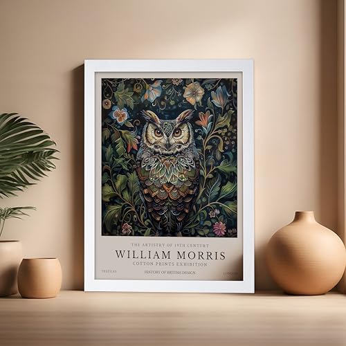 Poster Master William Morris Poster - Owl Print - Bird Art - Botanical Art - Flower Design - Exhibition Artwork - Animal Illustration - Floral Illustration - Aesthetic Design - Office or Bedroom Decor - 16x20 White Framed