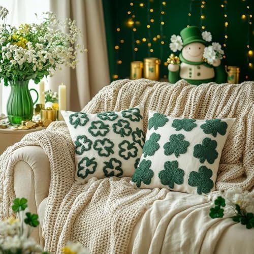 GEEORY St. Patrick's Day Pillow Covers 16x16 Inch Set of 2, Embroidered Shamrock Canvas Throw Pillow Cases, Farmhouse St. Patrick's Decor Cushion Covers for Sofa Bed Home Decorations