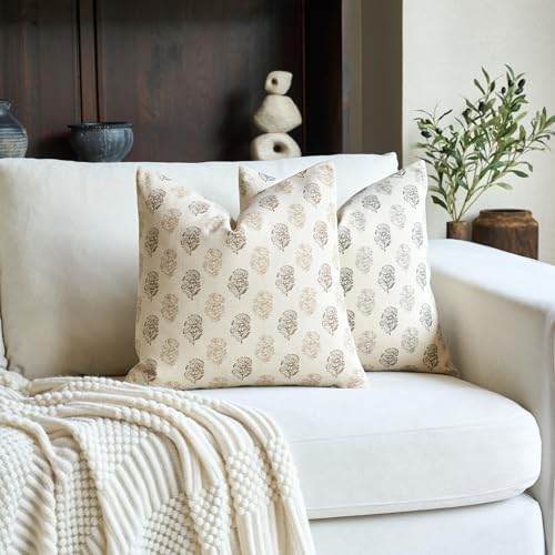 FIOUOVO Floral Vintage Throw Pillow Covers 24x24 Pillow Cover Block Print Cushion Covers Farmhouse Decorative Neutral Accent Home Décor for Sofa Couch Living Room Bedroom, 1PC, Cognac Brown