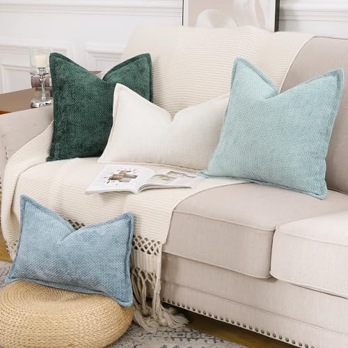 MADIZZ Decorative Chenille Velvet Throw Pillow Covers Set of 2 Soft Boho Textured Neutral Couch Throw Pillow for Bed Modern Farmhouse Home Decor for Sofa Livingroom Aqua Green 12x20 Inch