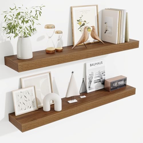 Fun Memories Floating Shelves for Room Wall, 36 Inch Long Shelf Set of 2， Hanging Wood Shelves for Storage & Display, Walnut
