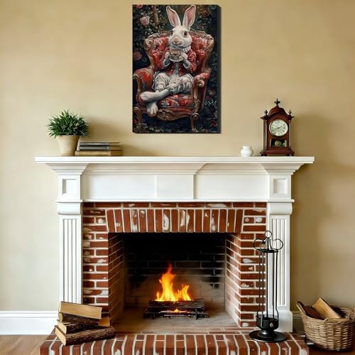 Noble Gentleman Easter Rabbit Canvas Print, Vintage Framed Bunny Art for Office Wall Decor, Victoria Spring Canvas Art Pictures for Living Room Hallway Holiday Wall Decoration