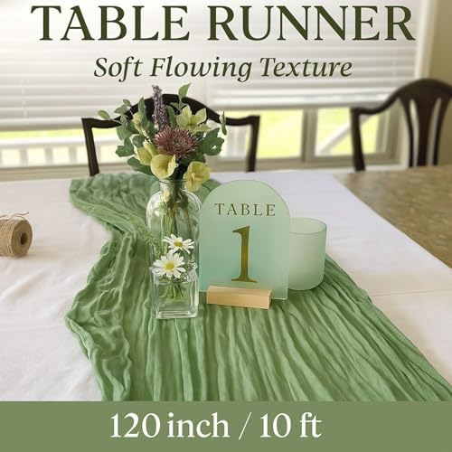 6 Pack Sage Green 10FT Cheesecloth Table Runners –120 Inch Rustic Gauze Bulk Set for Wedding Reception, Woodland Baby Shower, Garden Party, or Boho Spring Event Decor