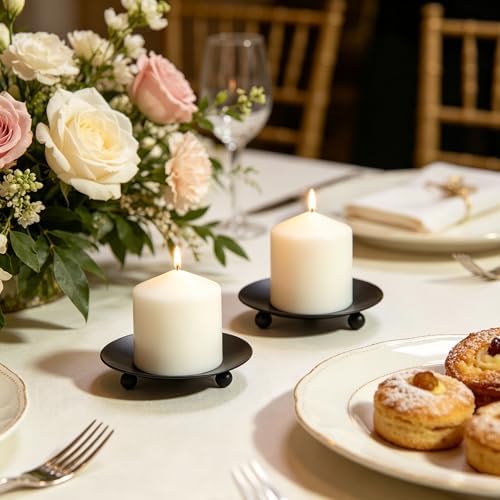 Hosley Set of 2 Black Iron Pillar Candle Holder Plates, 4-Inch Round Decorative Trays for Pillar Candles, Home Décor, Weddings & Special Occasions