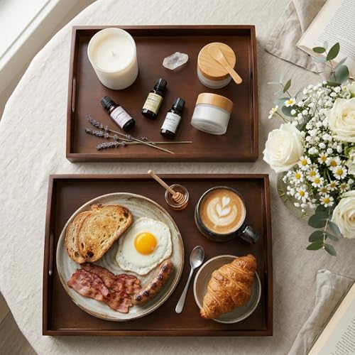 GOLD HONEY Bamboo Serving Tray with Handles, Wooden Serving Tray Set of 2