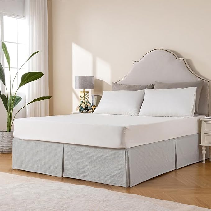 MIYE Pleated Waffle Weave Bed Skirt, Tailored Dust Ruffle 16 Inch Drop Easy Fit, Machine Washable (Light Grey, King - 16" Drop)
