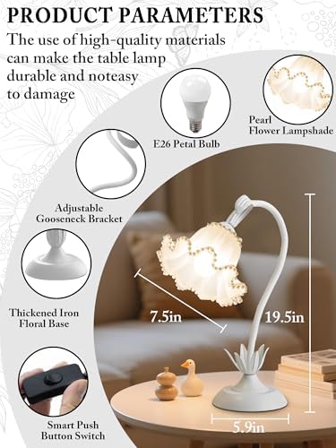 Flower Table Lamp, LED Reading Light Vintage Night light (White Pearls)
