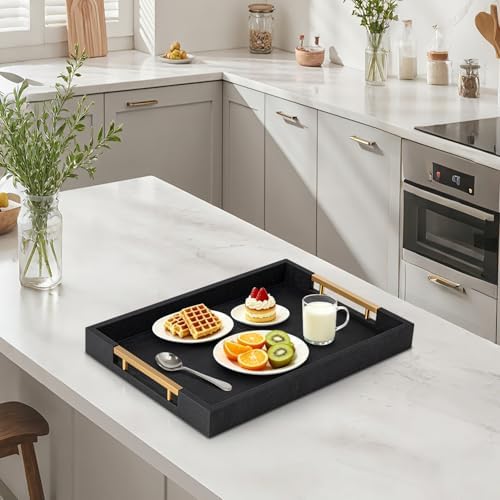 Black Faux Leather Large Square Tray with Handles – Decorative Serving for Coffee Table, Ottoman, Living Room & Bathroom