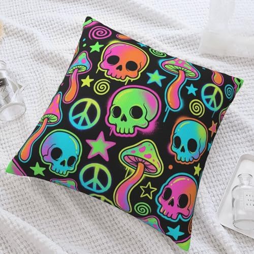 Neon Skull & Mushroom Throw Pillow Cover